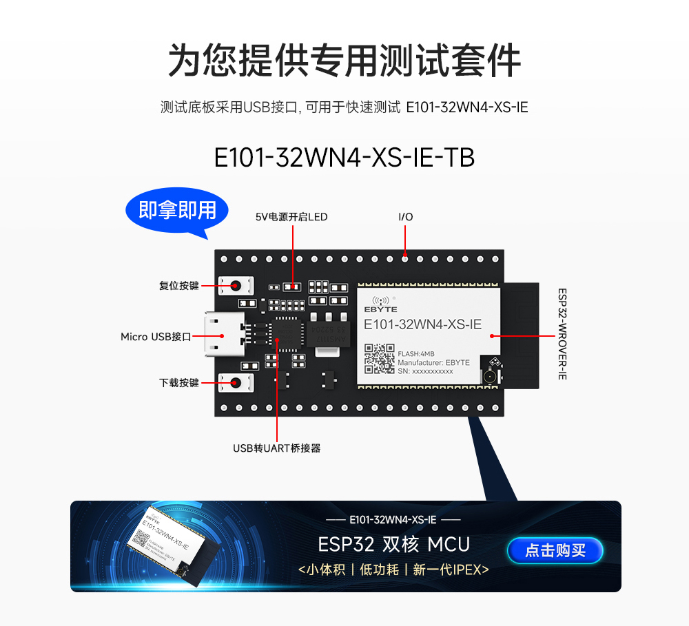 E101-32WN4-XS-IE-TB 双核WiFi模块开发套件测试版详情页01